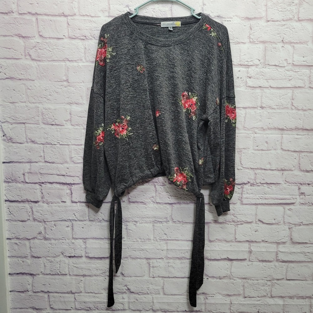 Figueroa & Flower Gray Embroidered Peasant Sweater Size M Hip Ties Cottagecore